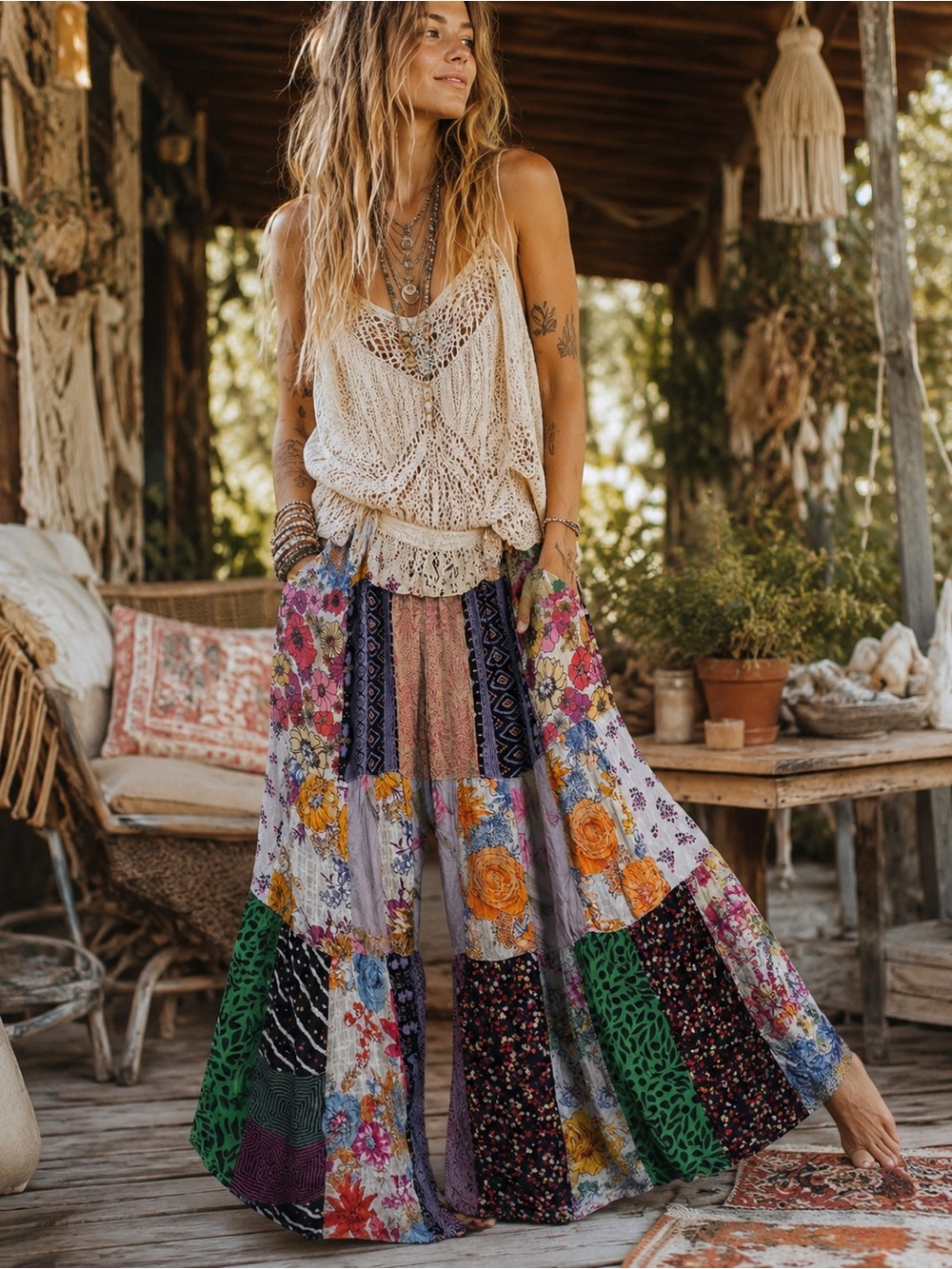 Young Threads Boho Patchwork Wide- Leg Flowy Pants Multicolor Floral SZ 2XL NWT